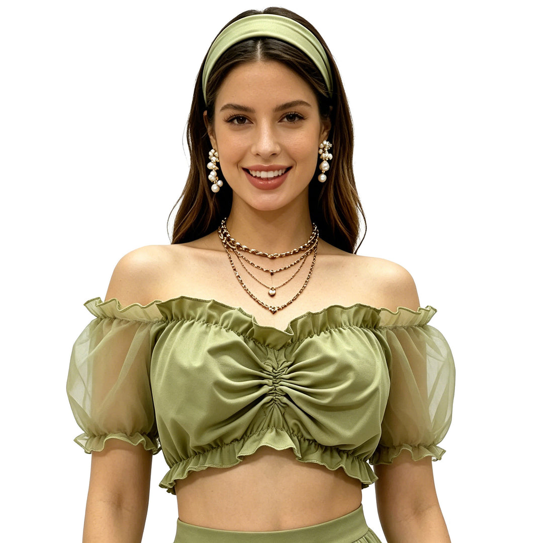 Damen nan gerafftes Crop Top mit Carmenausschnitt und transparenten Organzaärmeln Shop Nory