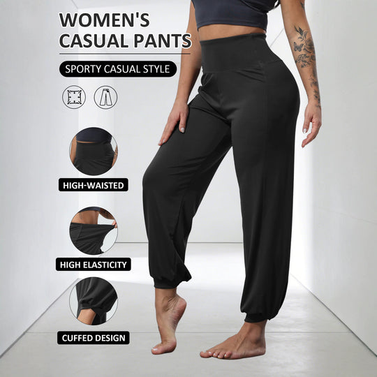 Damen weiche High-Waist Relax-Hose mit weitem Bein, elastischem Komfortbund und gekräuseltem Knöchelabschluss Shopy Nory