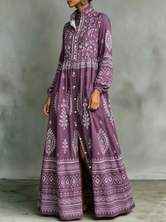 Damen Boho-Maxi-Hemdkleid mit Stickbordüren, hoher Stehkragen und Taschen Shop Nory