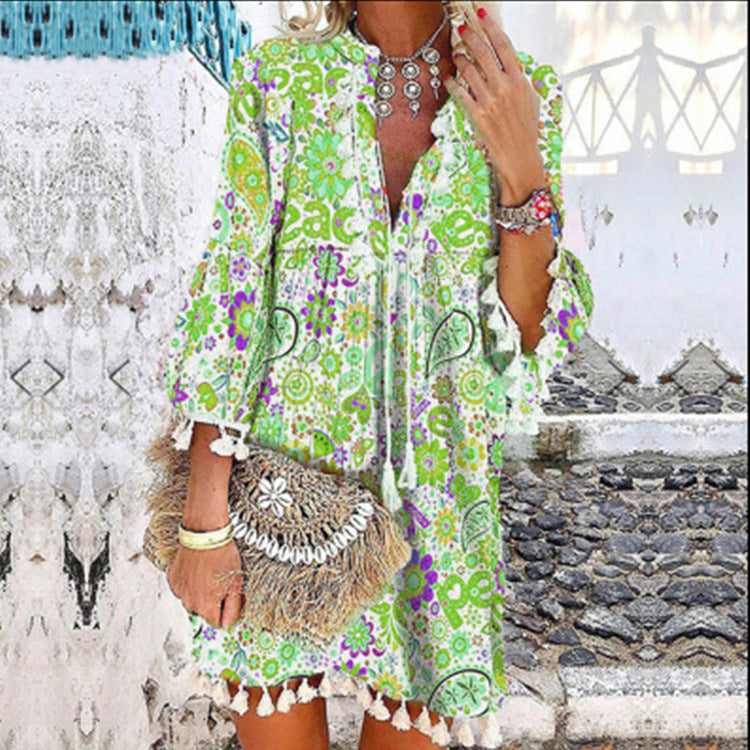 Damen Tunika-Kleid mit verspieltem Paisleymuster und elastischen Ärmeln Shopnory