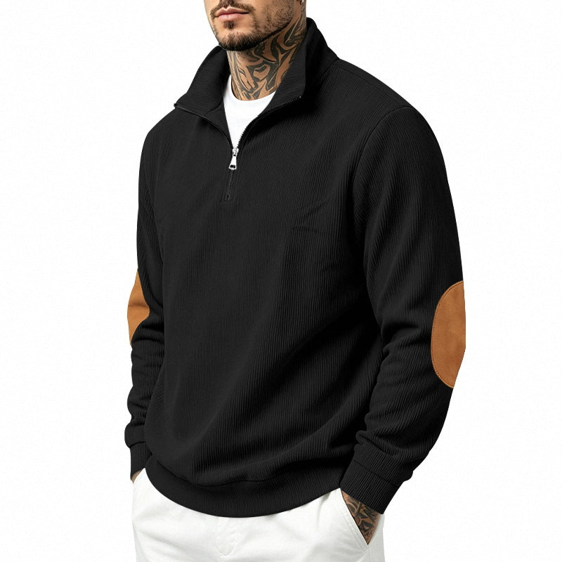 Herren Leichter Struktur-Halbzip-Pullover mit Cord‑Ellbogenpatches und Stehkragen Shop Nory
