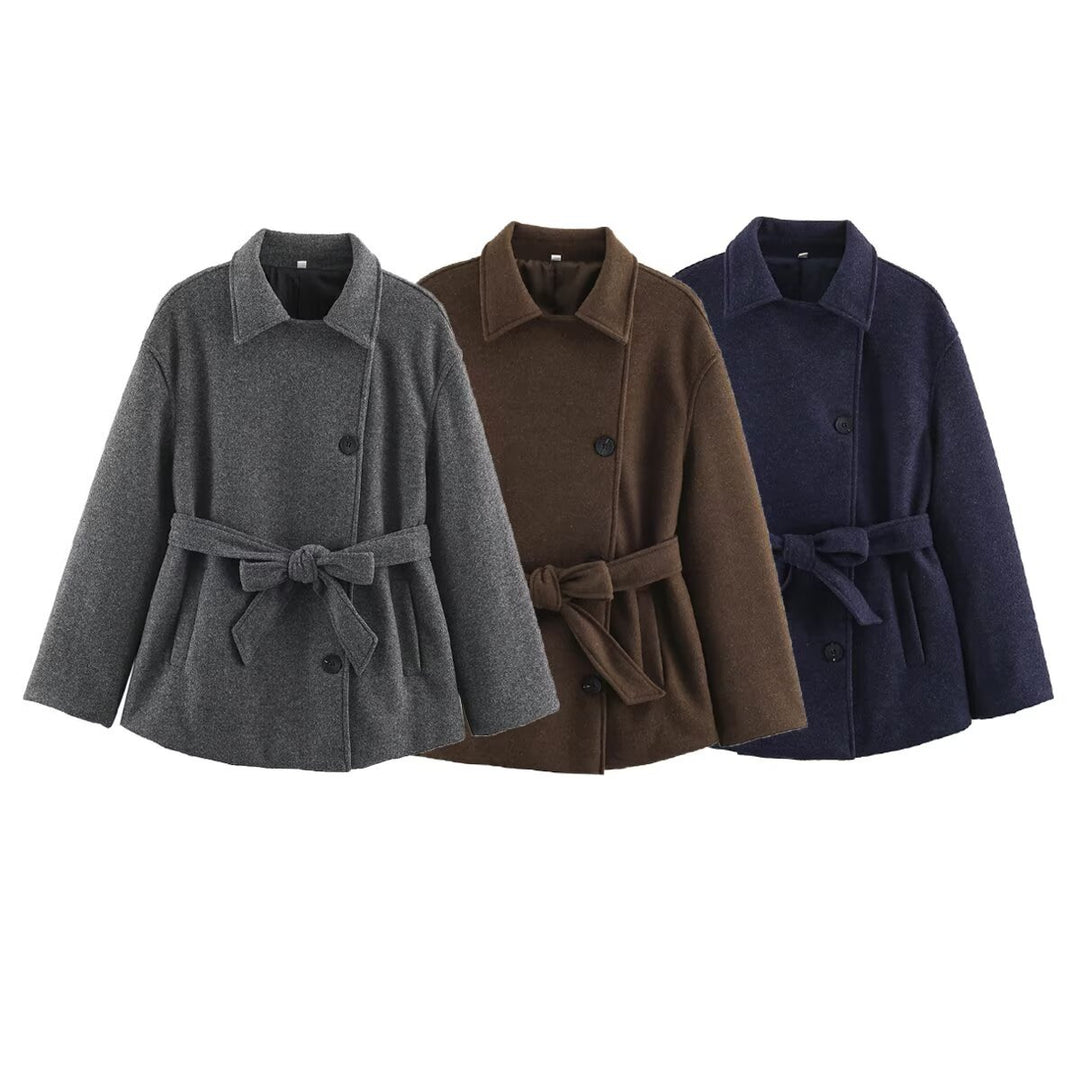 Damen Kurzmantel im Wickelstil mit Taillengürtel und kastiger Silhouette Shop Nory