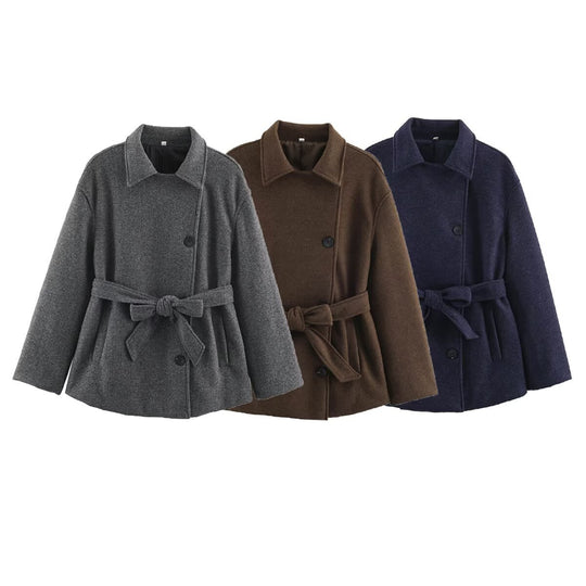 Damen Kurzmantel im Wickelstil mit Taillengürtel und kastiger Silhouette Shop Nory