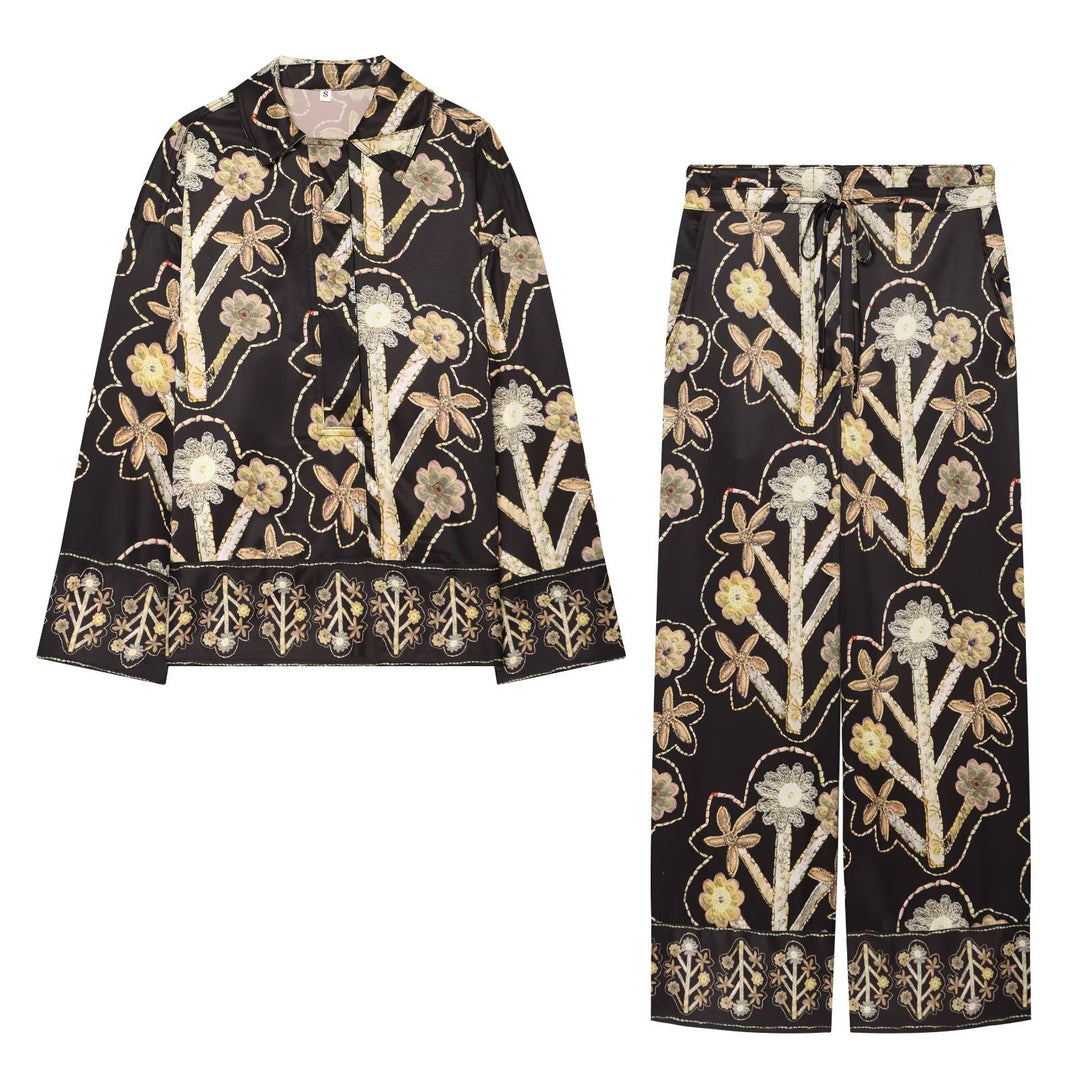 Damen Weite Satin-Palazzohose mit floralem Stickereimotiv und Tunnelzug Shop Nory
