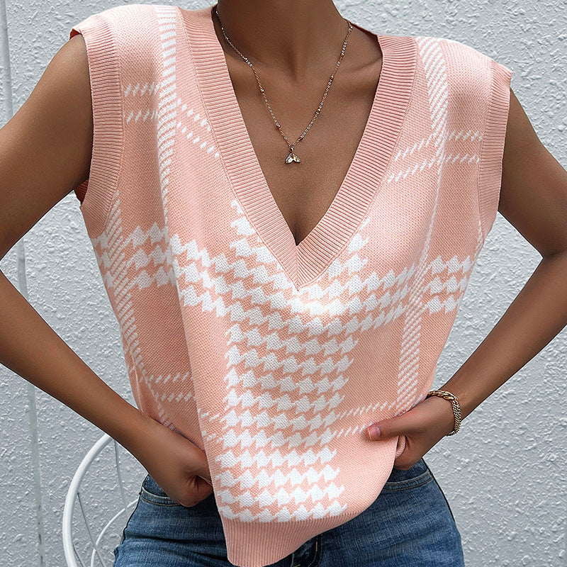 Damen Oversize-Strickweste mit V-Ausschnitt und Hahnentritt-Muster Shop Nory