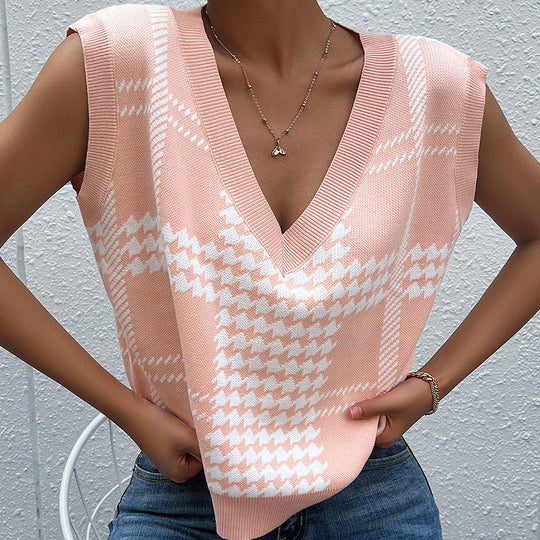 Damen Oversize-Strickweste mit V-Ausschnitt und Hahnentritt-Muster Shop Nory