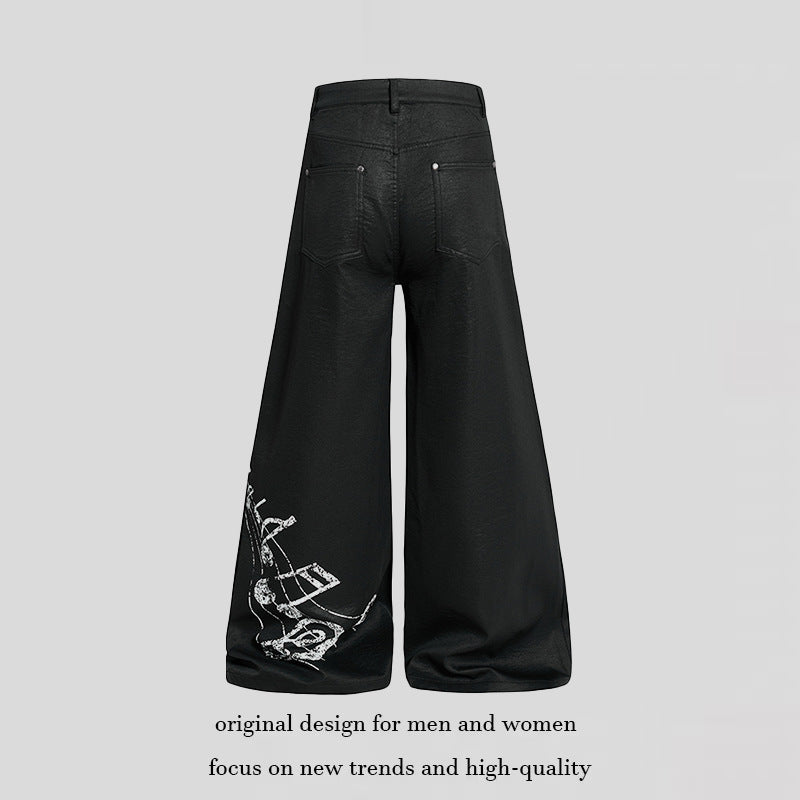 Damen Weite hochgeschnittene Palazzo-Hose mit beschichteter Lederoptik, extra weitem Bein und Statement-Print Shop Nory