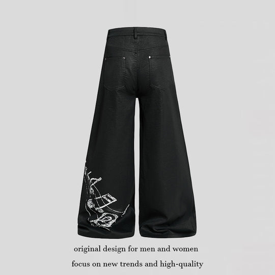 Damen Weite hochgeschnittene Palazzo-Hose mit beschichteter Lederoptik, extra weitem Bein und Statement-Print Shop Nory
