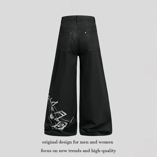 Damen Weite hochgeschnittene Palazzo-Hose mit beschichteter Lederoptik, extra weitem Bein und Statement-Print Shop Nory