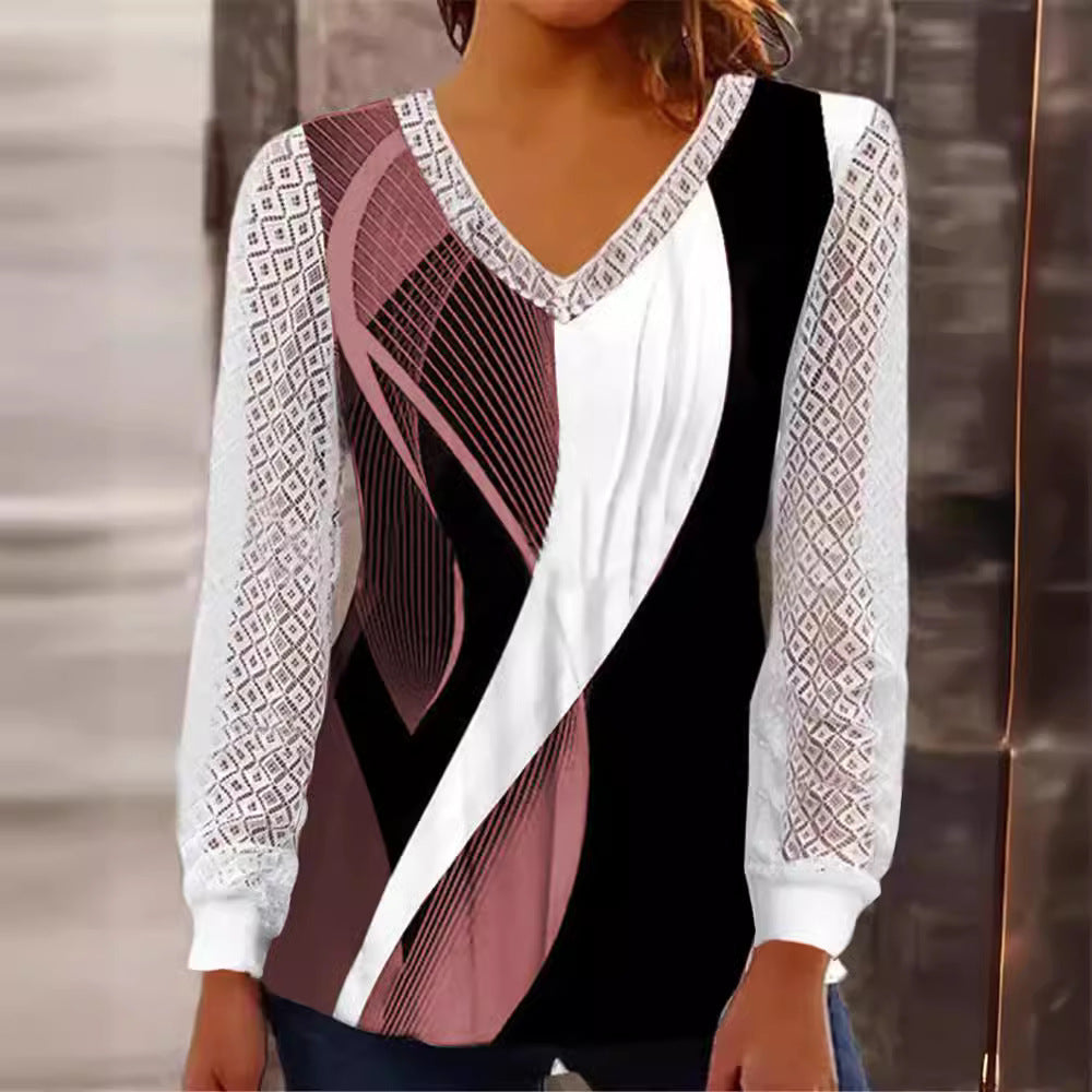 Damen V-Ausschnitt Bluse mit abstraktem Grafikprint und Spitzenärmeln Shop Nory