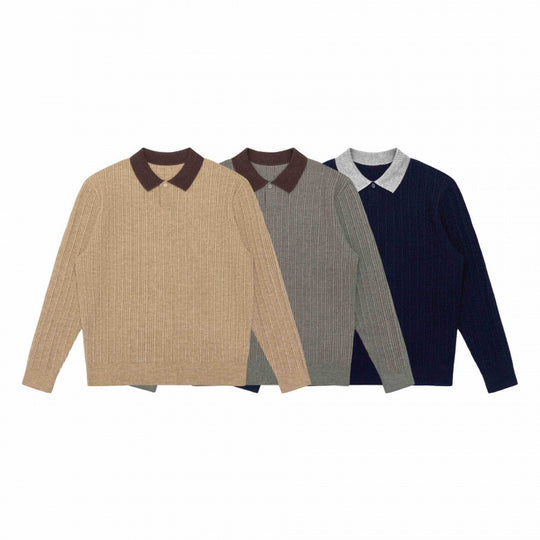 Herren Langärmliger Polo-Pullover aus feinem Rippenstrick mit kontrastierendem Kragen Shop Nory