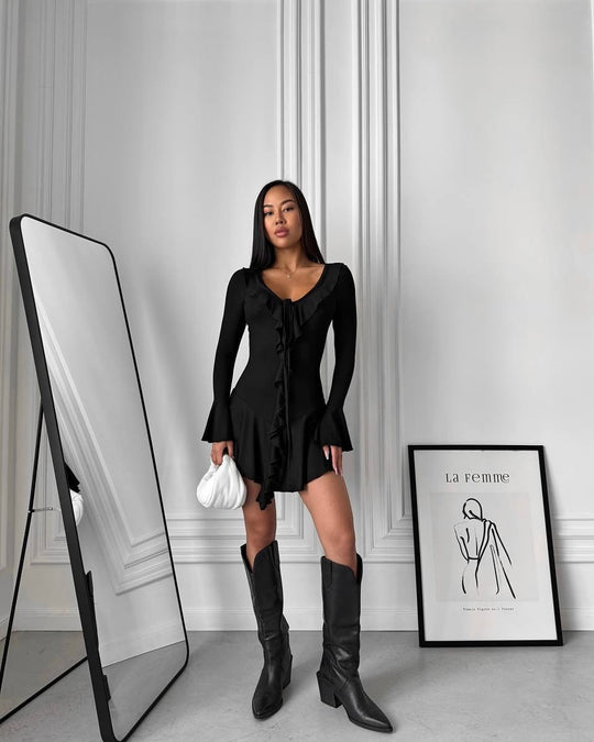 Damen Figurbetontes Rüschen‑Minikleid mit V‑Ausschnitt, Bindeband und Glockenärmeln Shop Nory