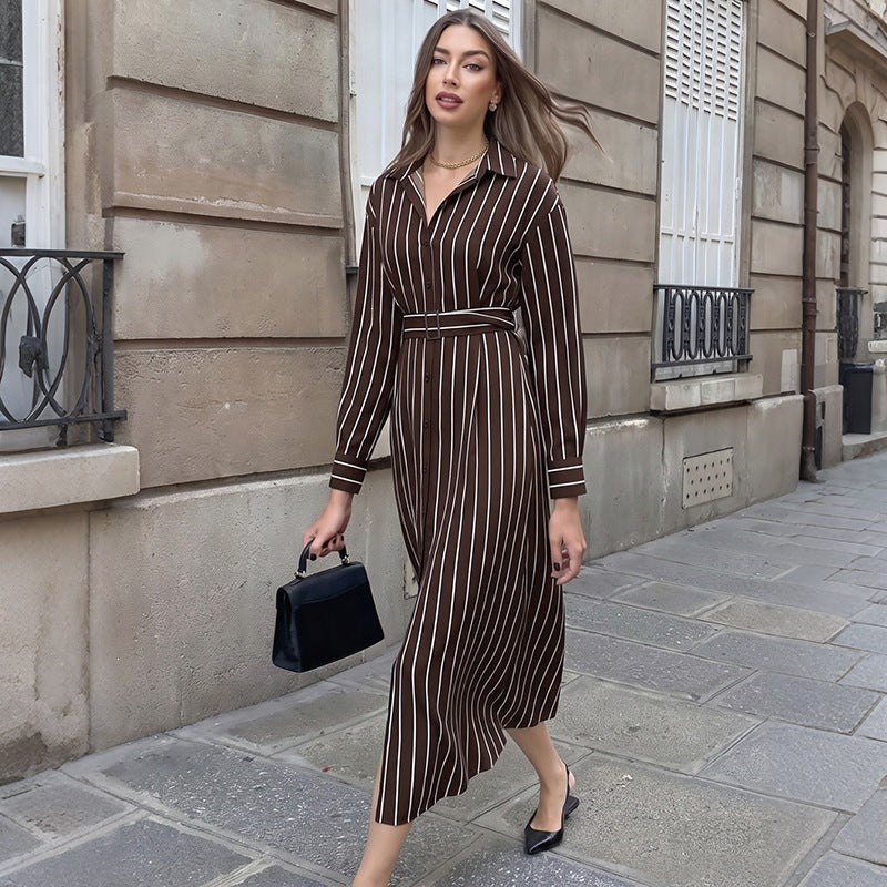 Damen Hemdblusenkleid mit Taillengürtel und vertikalem Nadelstreifen Shop Nory