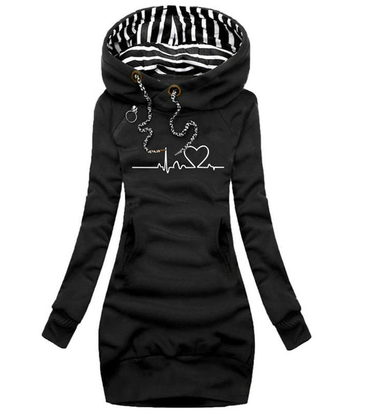 Damen Kapuzen-Sweatkleid mit gestreiftem Kapuzenfutter, Kängurutasche und Herz-EKG-Druck Shop Nory