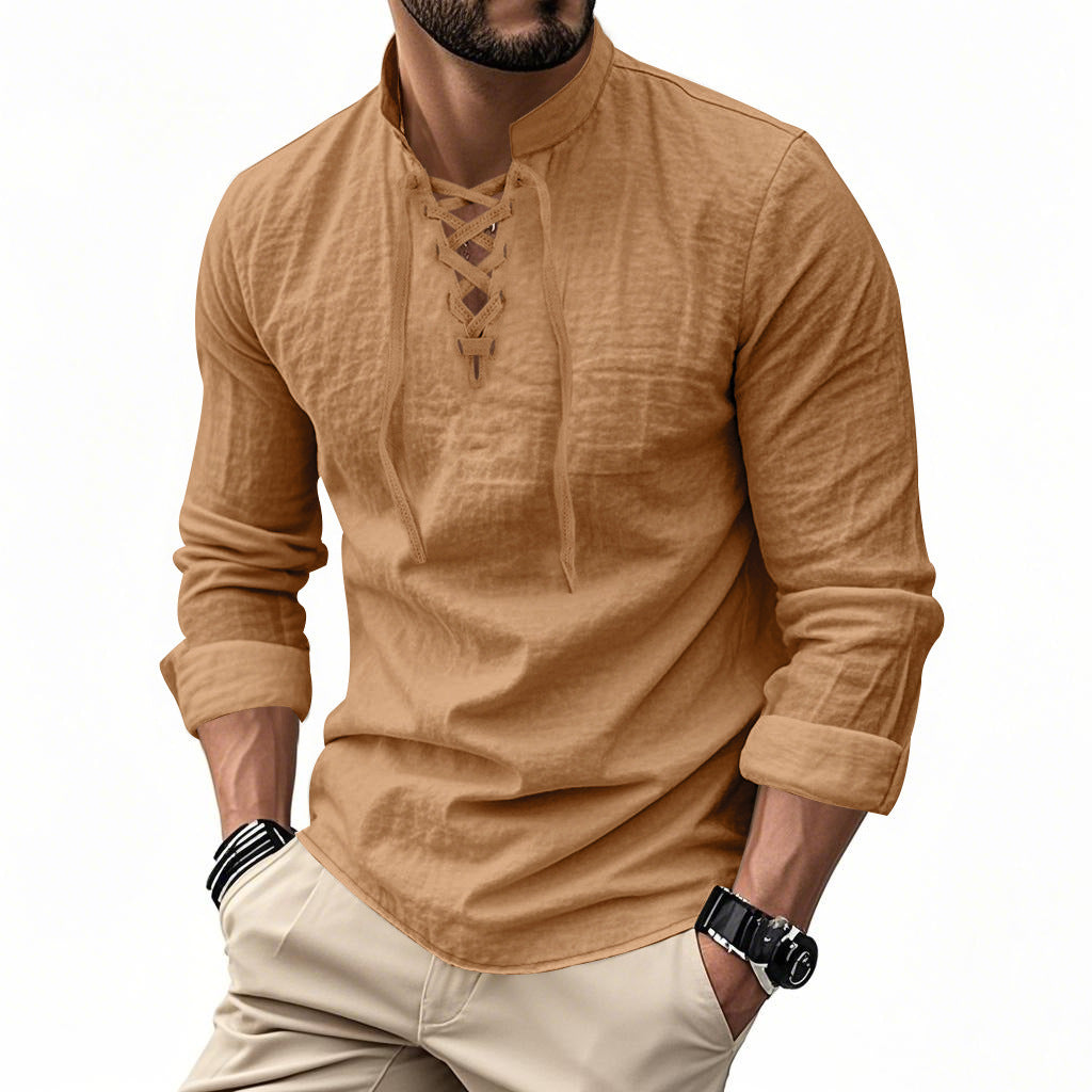 Herren nan Leinenoptik Langarmshirt mit Schnürung V-Ausschnitt und Stehkragen Shop Nory