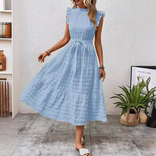 Damen Midikleid mit Stehkragen, Rüschenärmeln und Taillengürtel Shop Nory