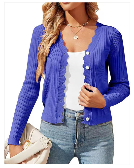 Damen Feiner Rippstrick Cropped-Cardigan mit Wellensaum und dekorativer Knopfleiste Shop Nory
