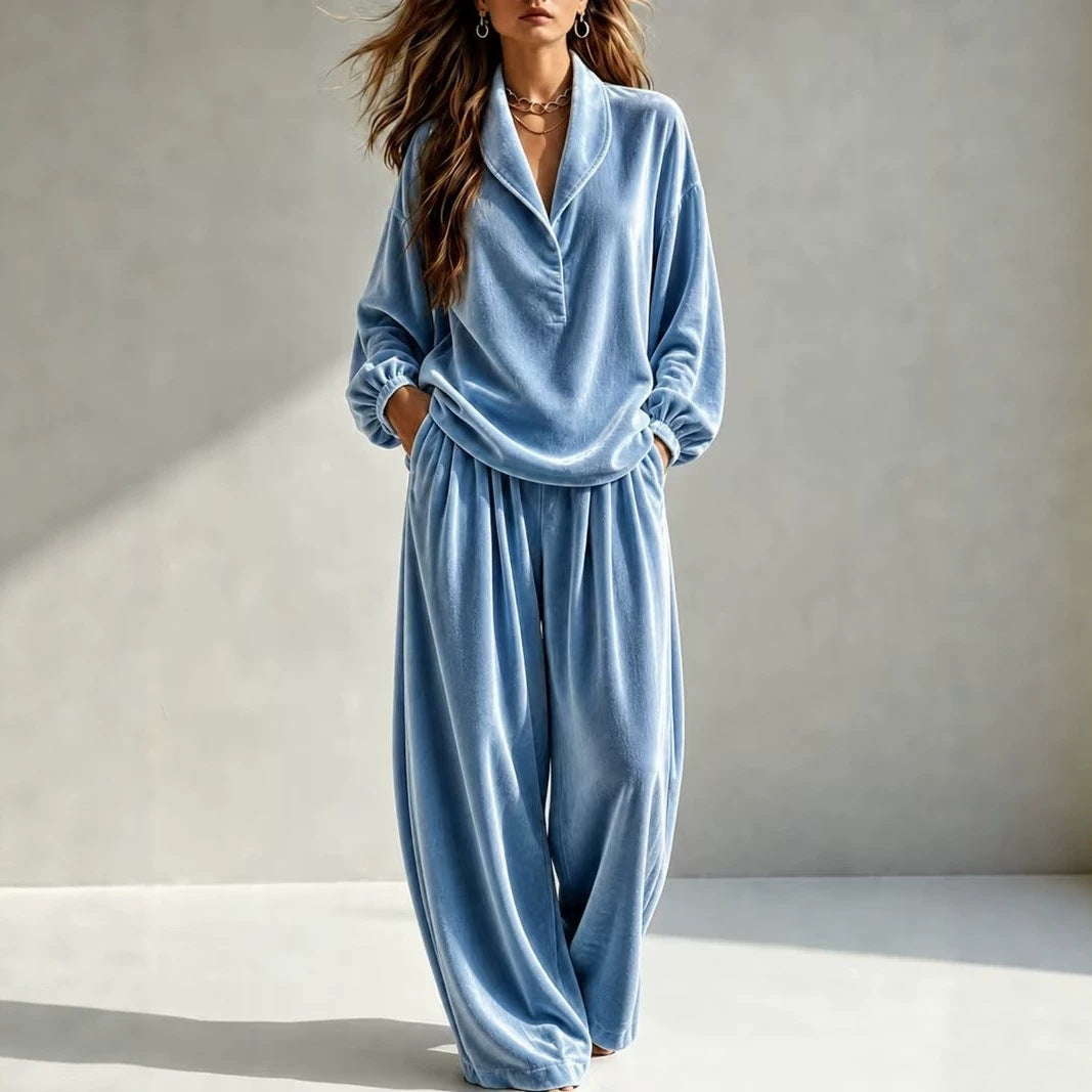 Damen Luxuriöses Velours-Loungewear-Set mit Schalkragen und weiter Palazzo-Hose Shop Nory