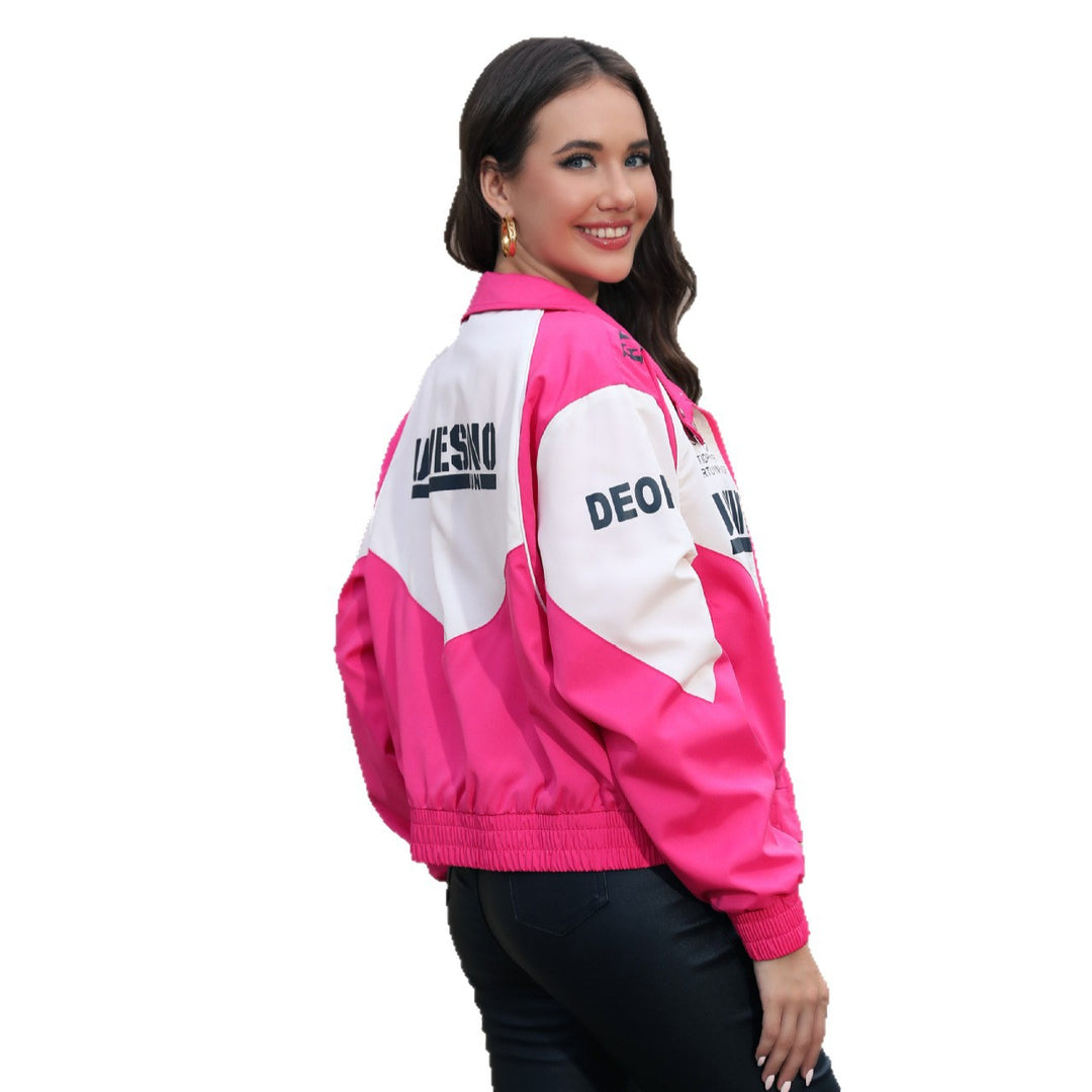 Damen Kurz geschnittene Racing‑Bomberjacke mit Stehkragen und Logoprint Shop Nory