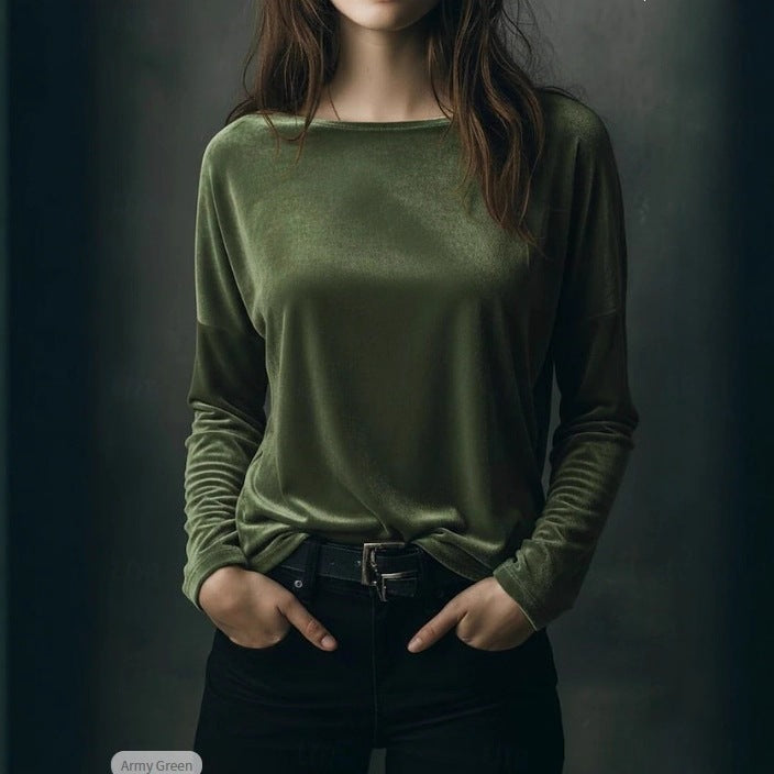 Damen Feines Velours-Langarmshirt mit U-Boot-Ausschnitt und kastiger Silhouette Shop Nory