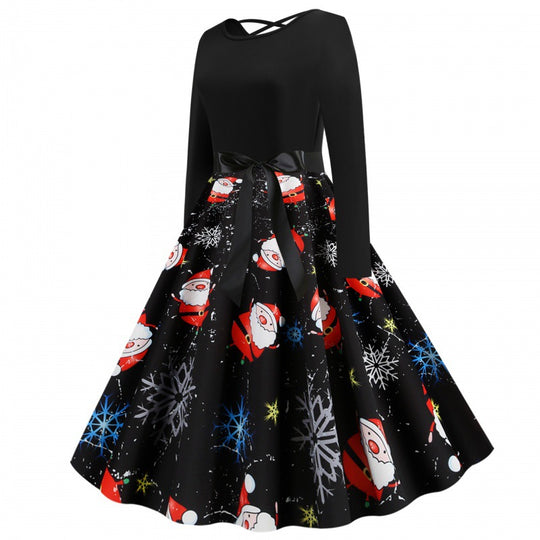 Damen Festliches Swingkleid mit Nikolausprint, tailliertem Satinband und gekreuztem Rückendetail Shop Nory