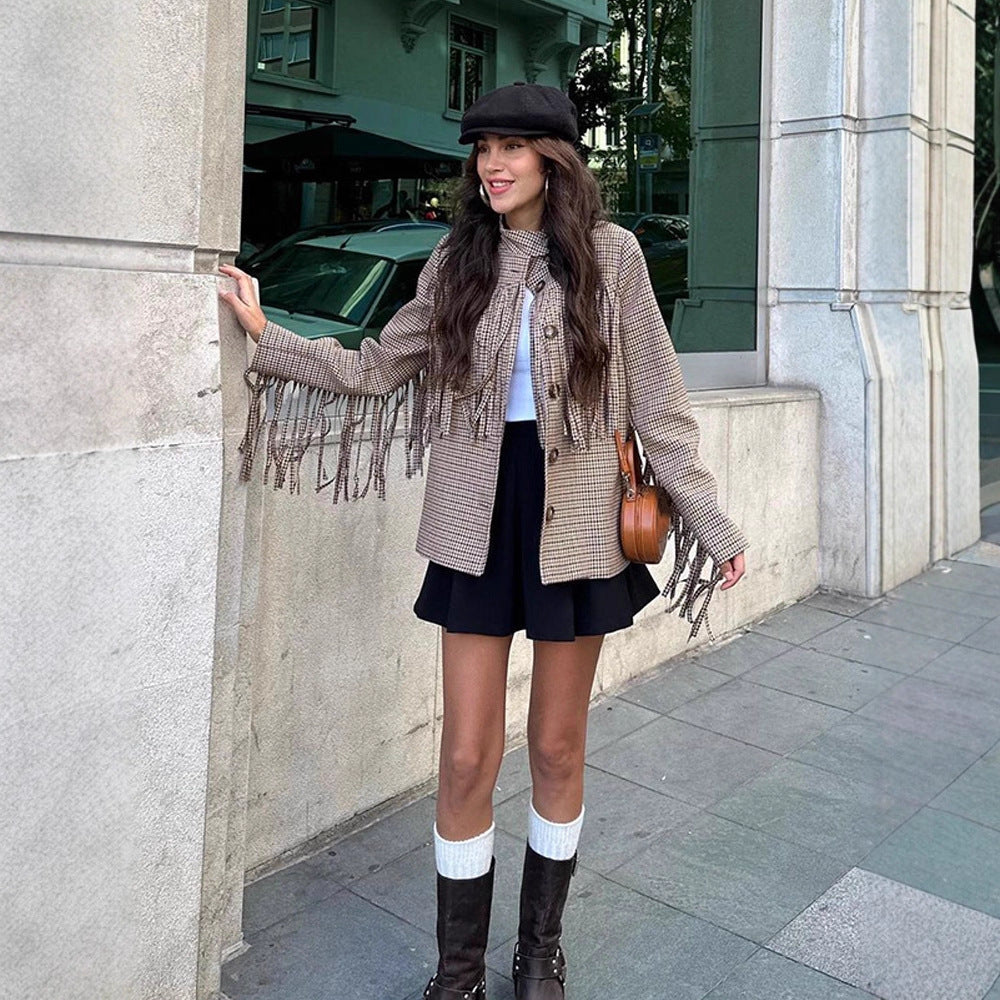 Damen Kurzblazer mit Fransen und Hahnentrittmuster Shop Nory