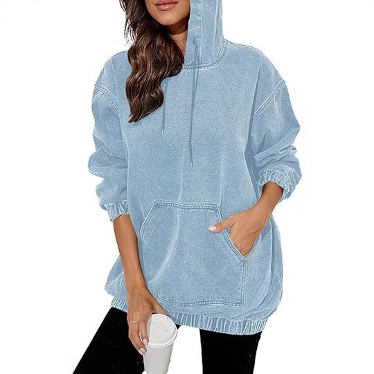 Damen Oversize Kapuzenpullover aus verwaschenem Jeansstoff mit Kängurutasche Shop Nory