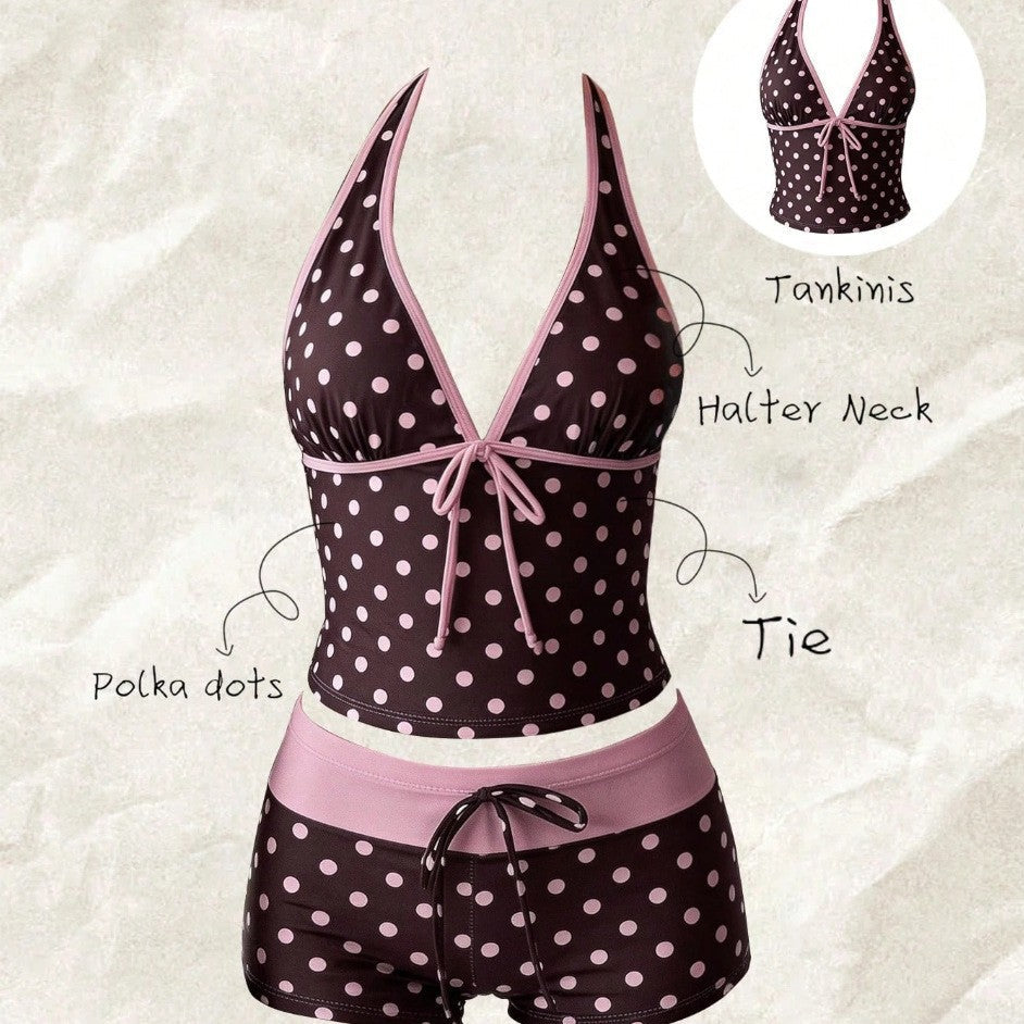 Damen Tankini mit modischem Punktmuster und verstellbarem Halter