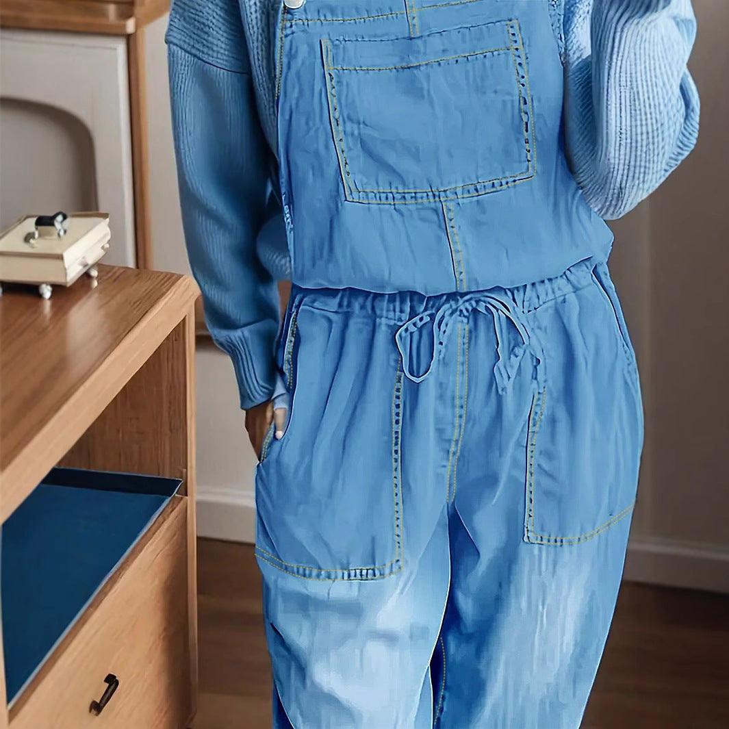 Damen Lässiger Denim-Latzoverall mit Tunnelzugbund und aufgesetzten Taschen Shop Nory