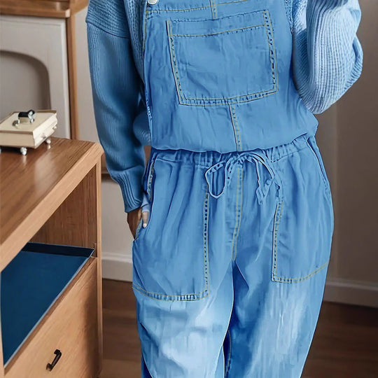 Damen Lässiger Denim-Latzoverall mit Tunnelzugbund und aufgesetzten Taschen Shop Nory