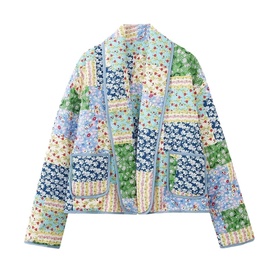 Damen Kurz geschnittene gesteppte Patchworkjacke mit aufgesetzten Taschen Shop Nory