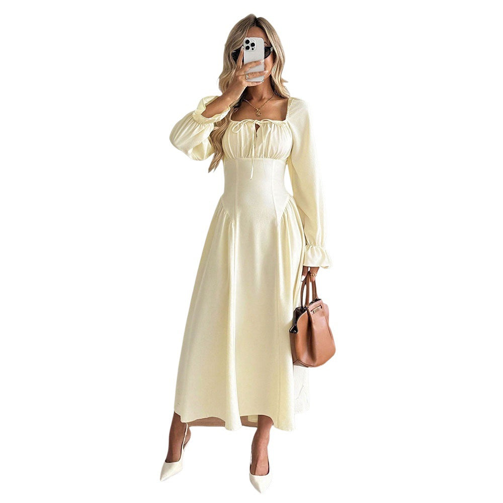 Damen romantisches Midikleid mit Korsagen-Taille, Quadratausschnitt und voluminösen Ärmeln Shop Nory