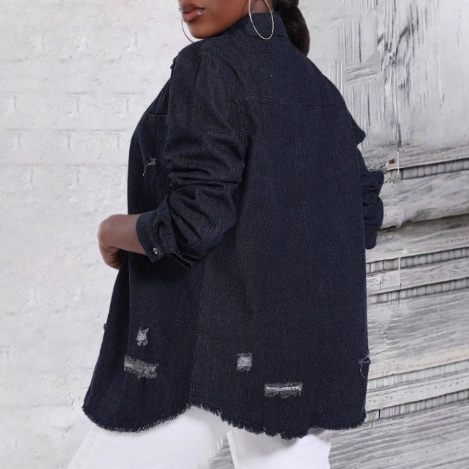 Damen Oversize-Denim-Hemdjacke mit Used-Effekten und rohem Saum Shop Nory