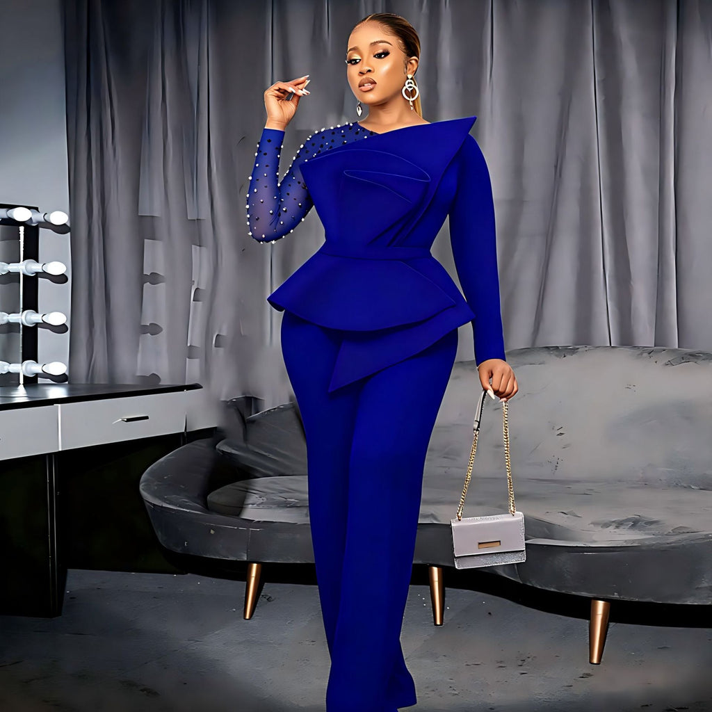 Damen eleganter Jumpsuit mit asymmetrischem Oberteil und raffiniertem Rüschendesign