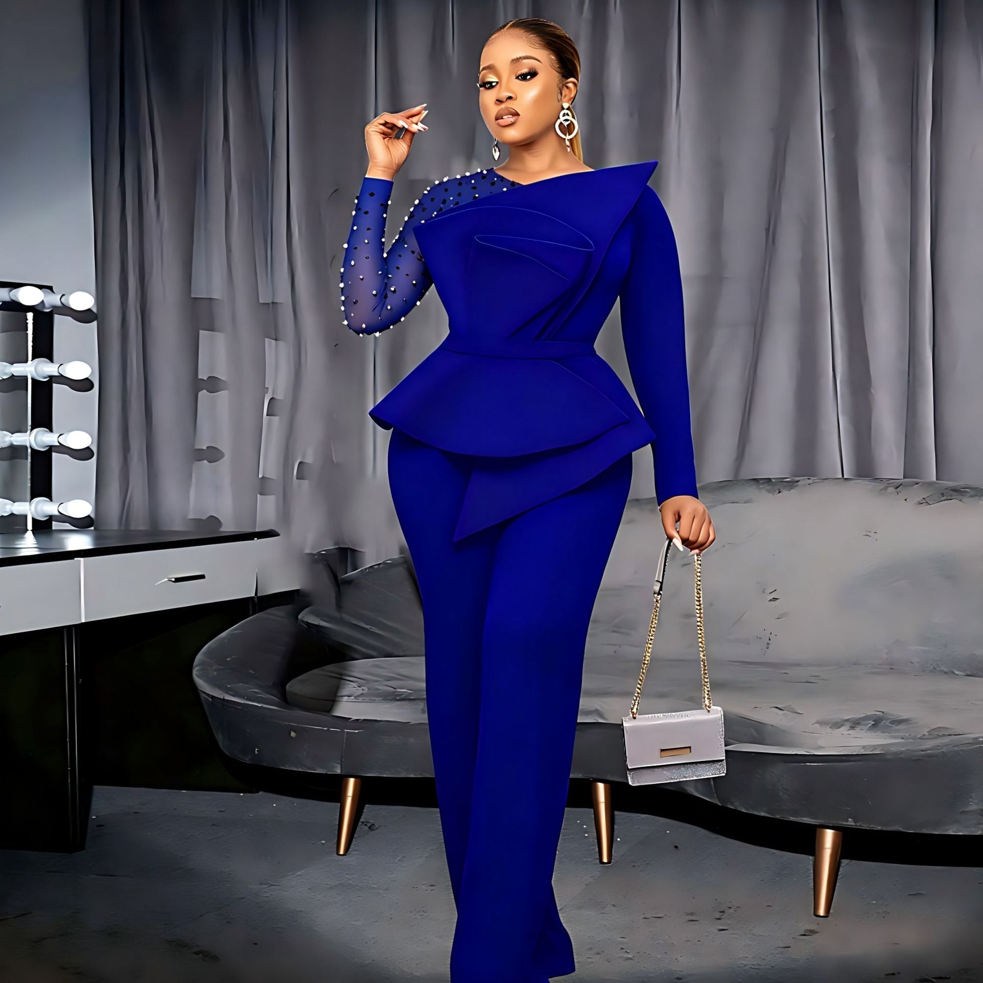 Damen eleganter Jumpsuit mit asymmetrischem Oberteil und raffiniertem Rüschendesign