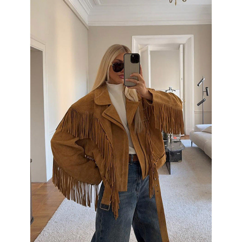 Damen Wildlederjacke mit Fransen und großzügigen Ärmeln