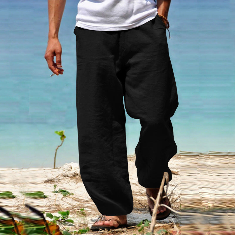 Herren nan lässige Strandhose im Palazzoschnitt aus atmungsaktivem Leinen-Baumwollmix mit Komfortbund