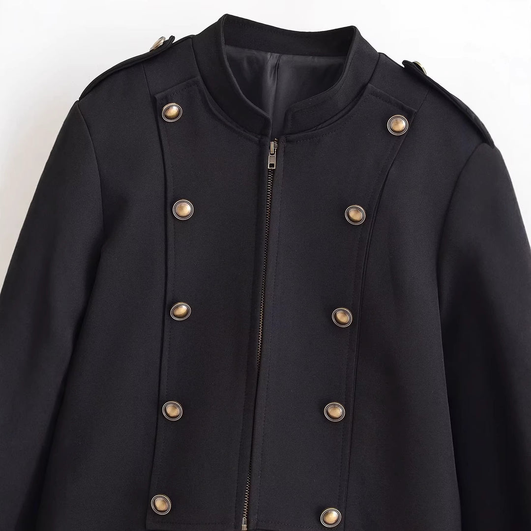 Damen taillierte Kurzjacke im Militärstil mit dekorativer Doppelknopfleiste, Reißverschluss und Schulterpatten Shop Nory