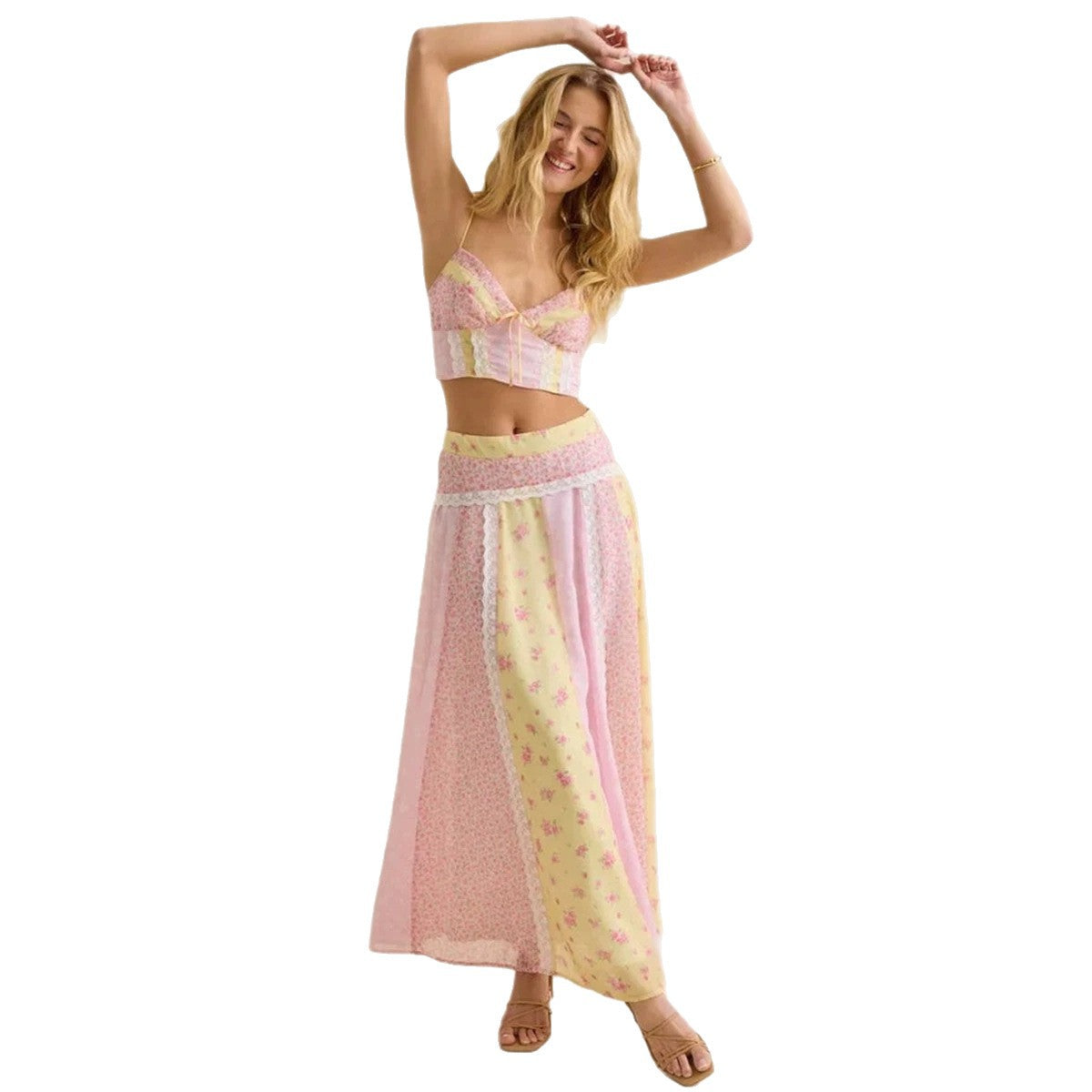 Damen nan romantisches Crop-Top mit Spaghettiträgern und gestuftem Patchwork-Maxirock Shopnory
