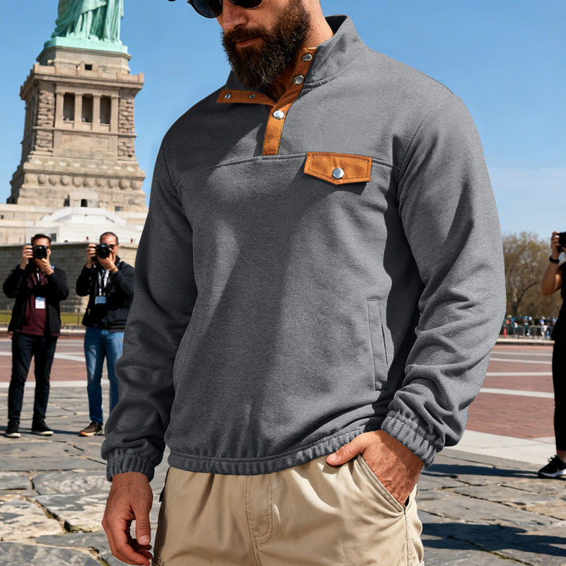 Herren Funktionssweat mit Stehkragen, Druckknopfleiste und Kunstlederbesatz Shop Nory