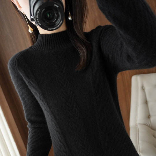 Damen Leichter Mohair‑Look Stehkragenpullover mit Zopf‑Ajour und taillierter Silhouette Shop Nory