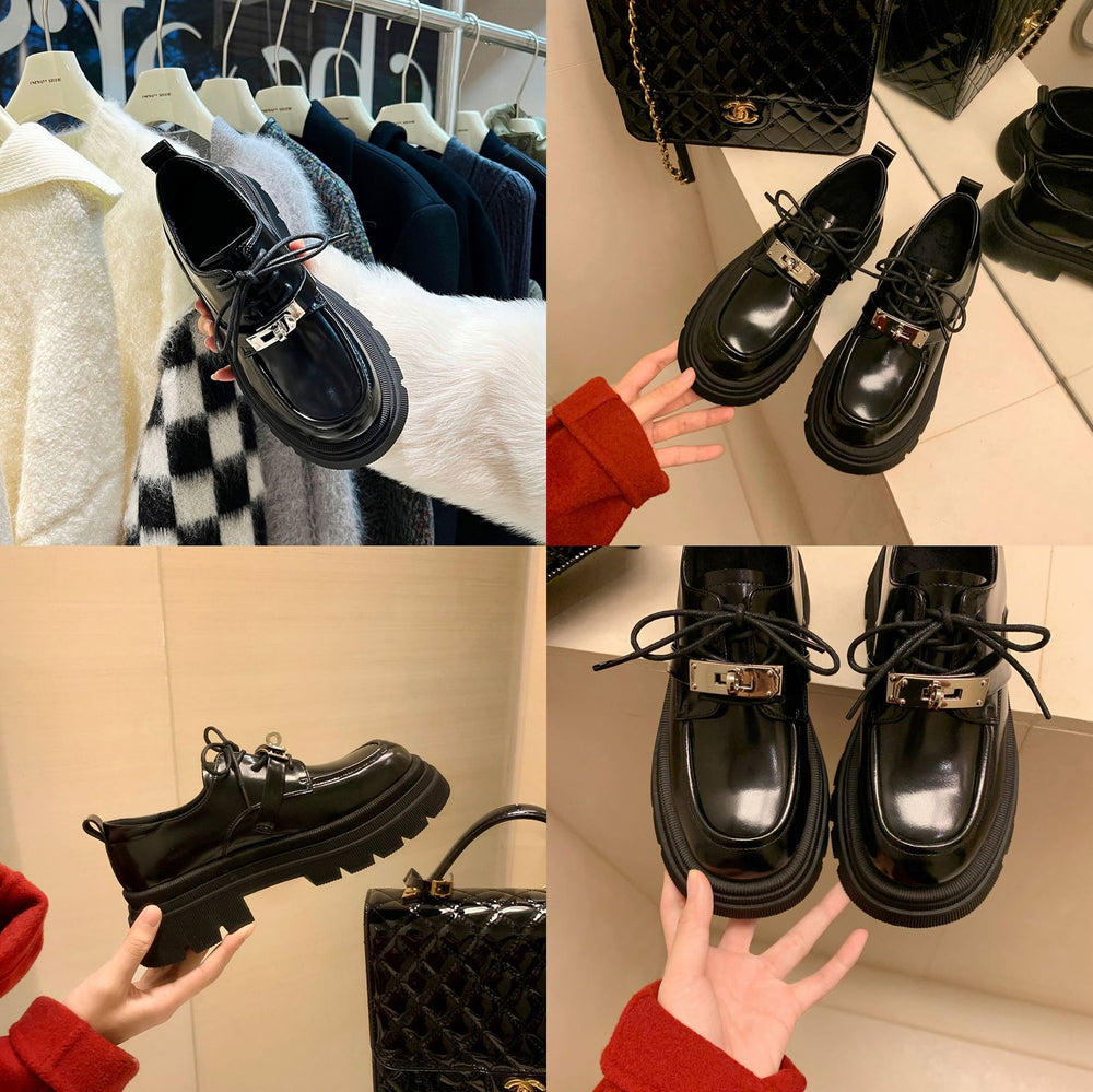 Damen Chunky Lackleder‑Schnürloafer mit markanter Lug‑Sohle und dekorativer Metallschnalle Shop Nory