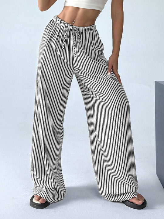 Damen Weite Highwaist-Hose mit Tunnelzug Streifen-Leinenoptik und Eingrifftaschen Shop Nory