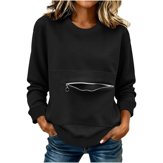 Damen nan locker geschnittenes Sweatshirt mit Frontreißverschlusstasche und Rundhalsausschnitt Shop Nory