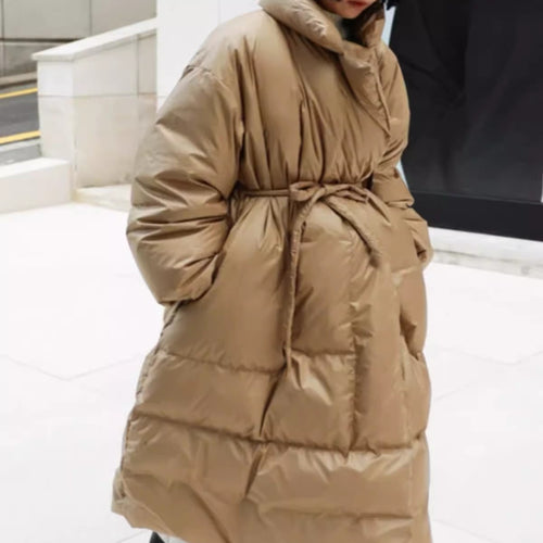 Damen Wattierter Longline-Parka mit Wickel-Bindegürtel und Volumenärmeln Shop Nory