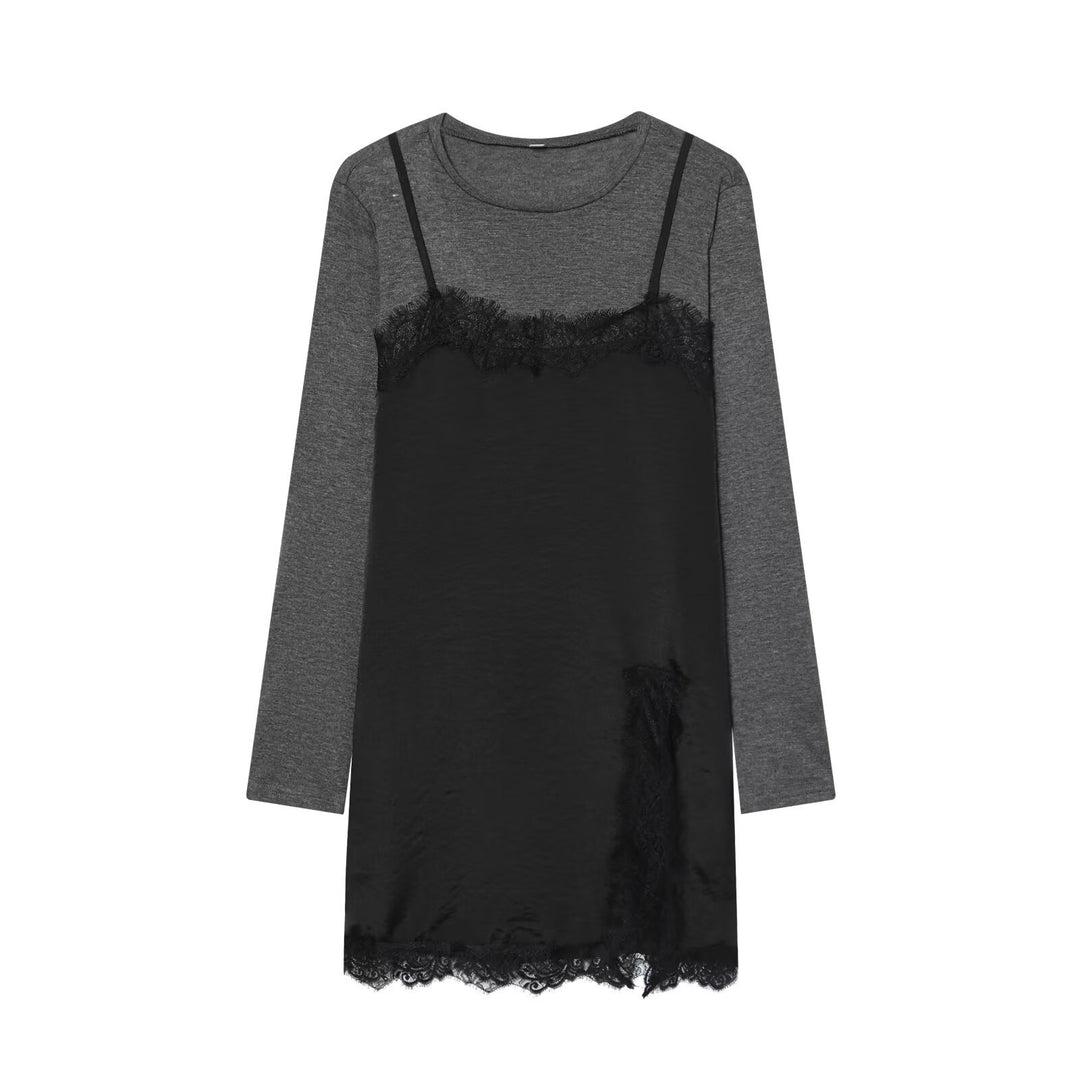 Damen Lagenlook-Longsleeve mit Satin-Slip-Einsatz und Spitzenbesatz Shop Nory