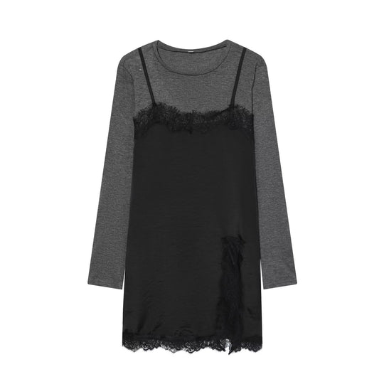 Damen Lagenlook-Longsleeve mit Satin-Slip-Einsatz und Spitzenbesatz Shop Nory