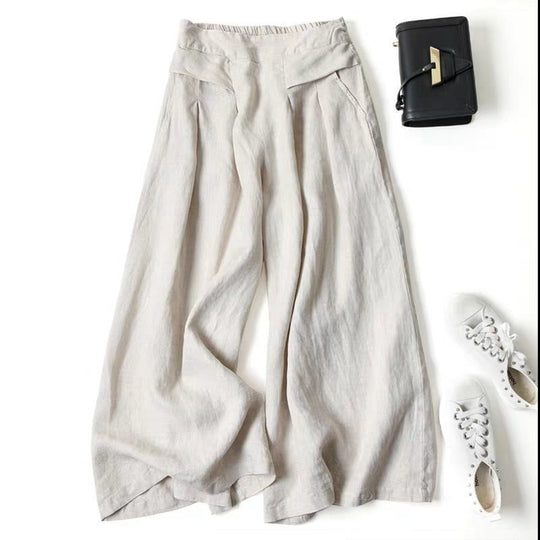 Damen Weit geschnittene Leinenhose mit hohem Bund und eleganten Falten