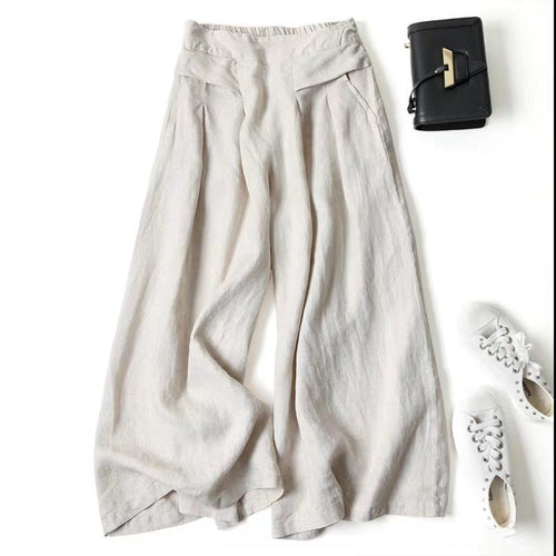 Damen Weit geschnittene Leinenhose mit hohem Bund und eleganten Falten