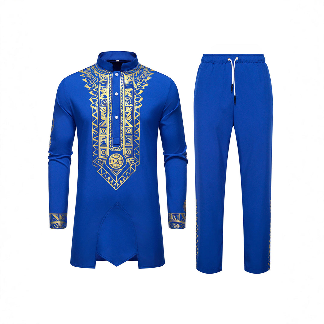 Herren Traditionelles Langarm-Kurta-Set mit Stehkragen, goldfarbenem Ornamentdruck und Tunnelzughose Shop Nory